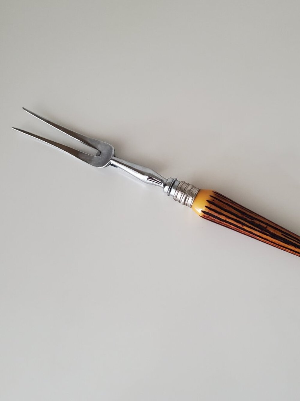 Vintage Bakelite Carver Fork 1pc. Brown & Yellow Textured Handle Stainless Steel